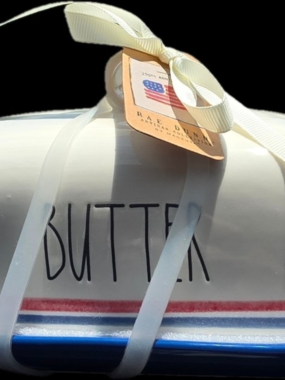 Rae Dunn Ceramic Butter Keeper in White with Red & Blue Stripes
